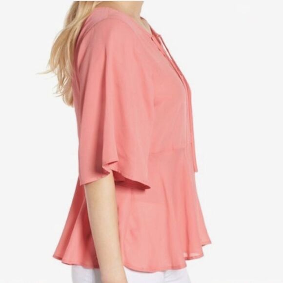 Coral Pink Lace Up Peplum‎ Top Blouse Short Flutter Sleeve Flowy XS X-Small New - Picture 5 of 14
